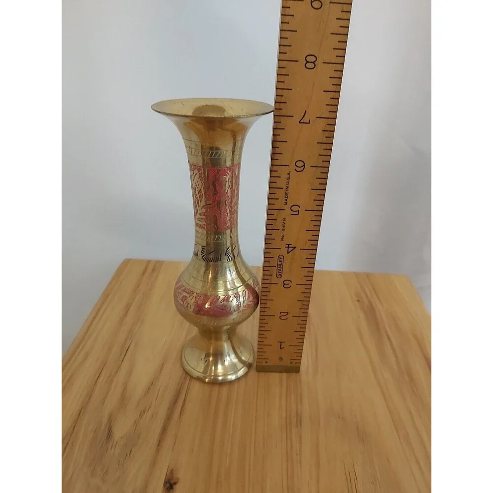 Vintage Brass Vase Red And Black Enamel Work
